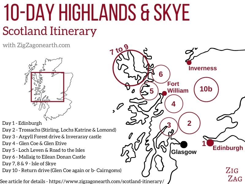 Mapa do Itinerário de 10 dias na Escócia - Terras Altas e Skye