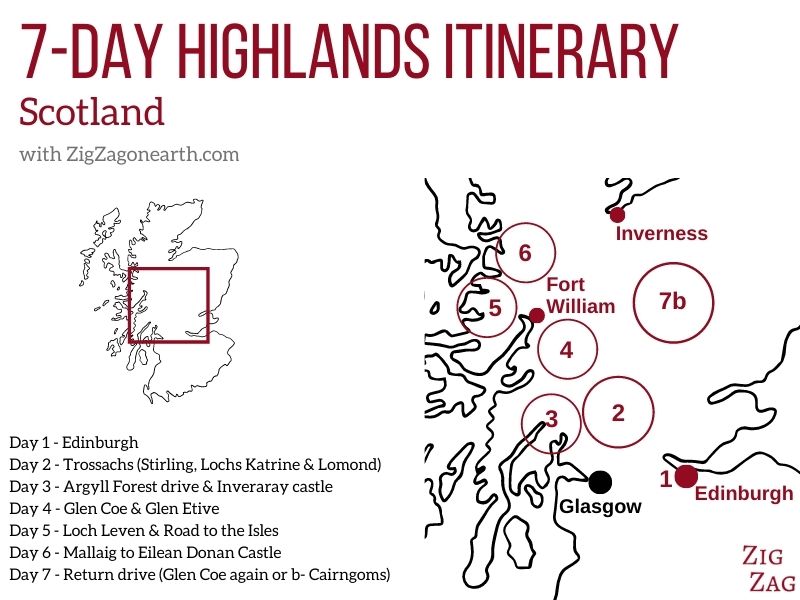 Mapa do Itinerário de 7 dias na Escócia - Terras Altas