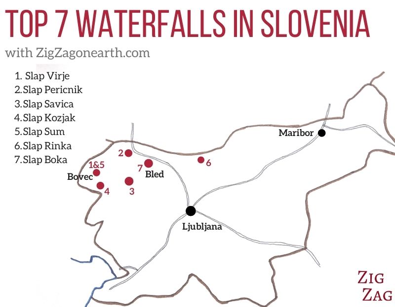 Sloveniens bästa vattenfall - Karta