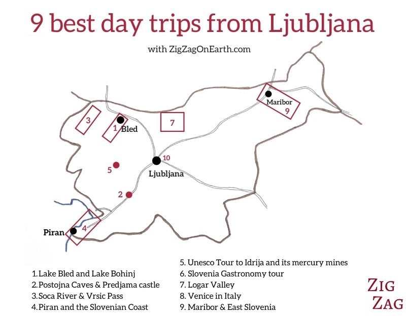 Best day trips from Ljubljana Map Slovenia Tour