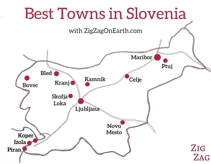 Mapa das melhores cidades da Eslovénia
