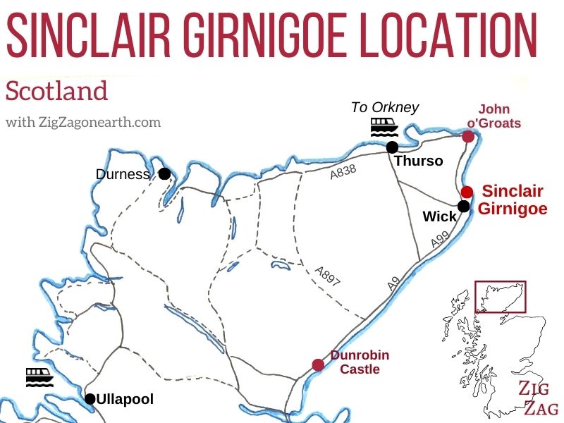 Mapa de localização do Castelo Sinclair Girnigoe