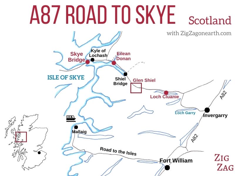 Kaart - A87 Schotland Weg naar Skye