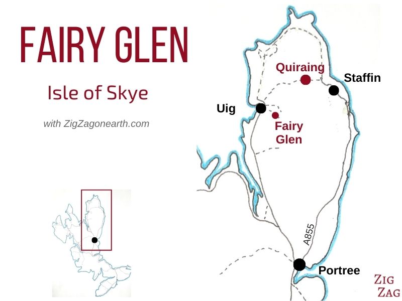 Karta - Läge för Fairy Glen på Isle of Skye