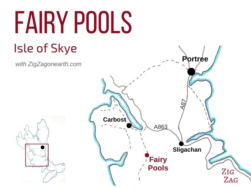 Mappa - Posizione della passeggiata Fairy Pools sull'Isola di Skye