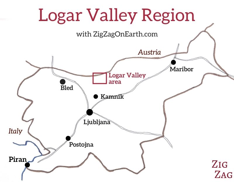 Kaart - Logar vallei in Slovenië