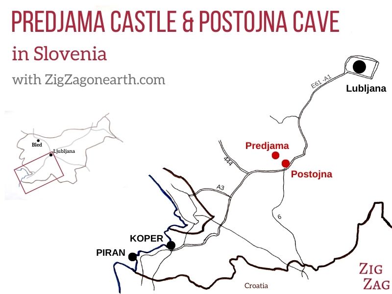 Mapa - Castelo de Predjama e grutas de Postojna na Eslovénia