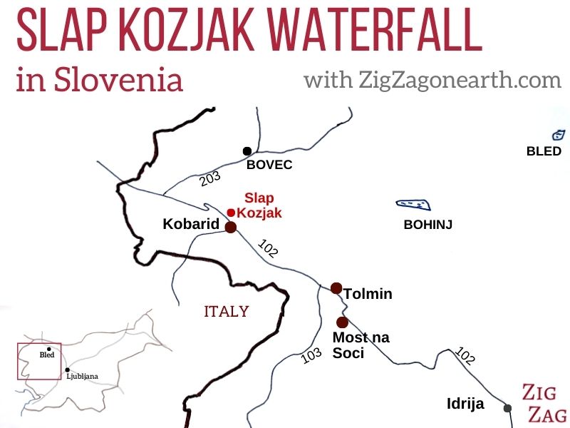 Karta - Vattenfallet Slap Kozjak i Slovenien