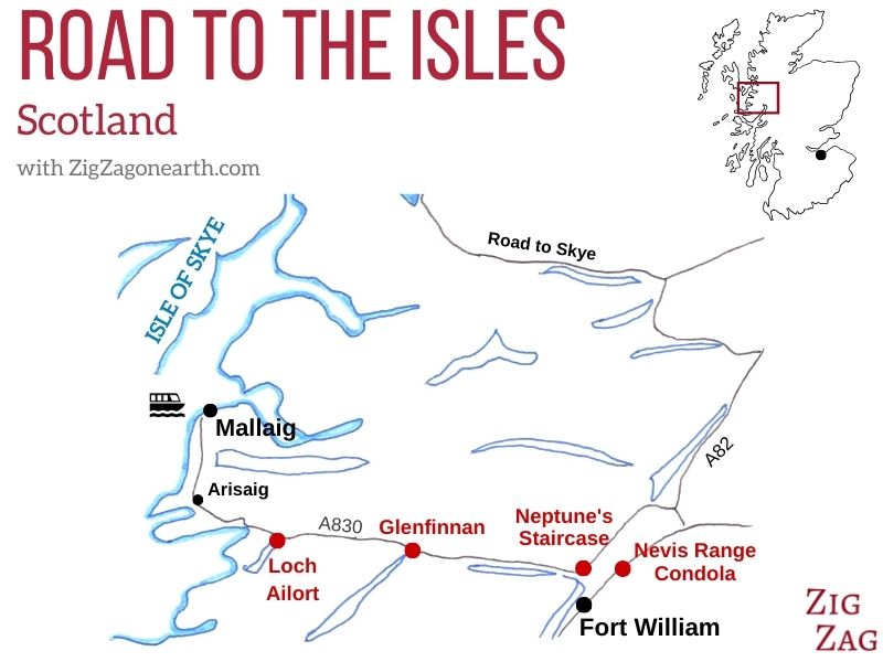 Mapa da Road to the Isles da Escócia - Fort William a Mallaig