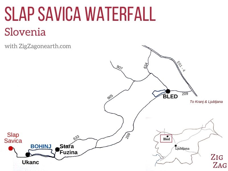 Localização da cascata de Slap Savica - Mapa