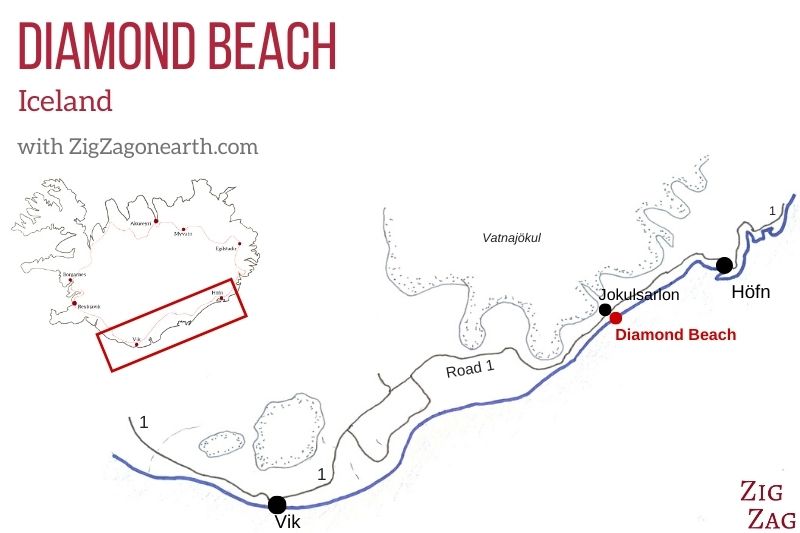Diamond Beach, Island - Kort