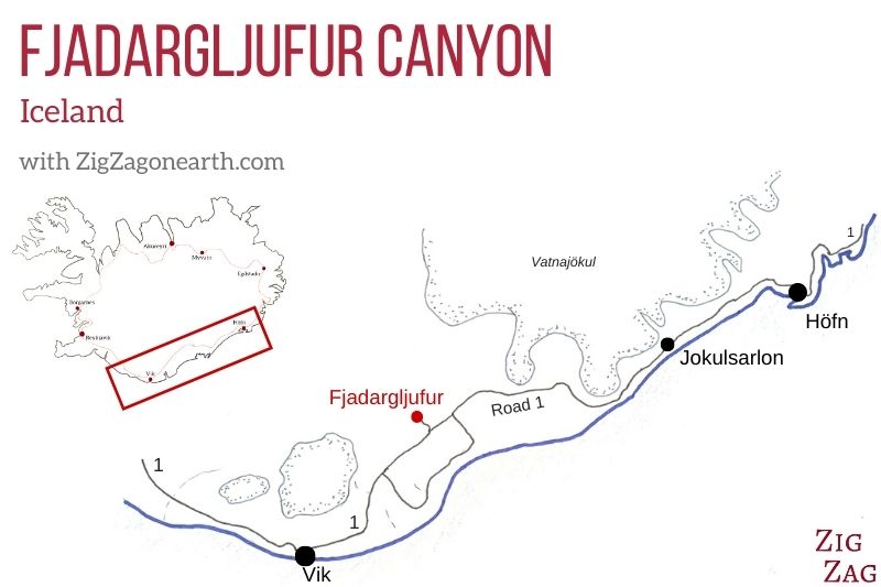 Karta - Fjadargljufurs kanjon på Island