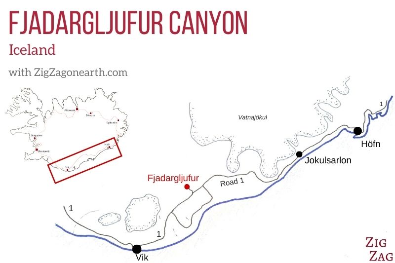 Mapa - Desfiladeiro de Fjadargljufur na Islândia