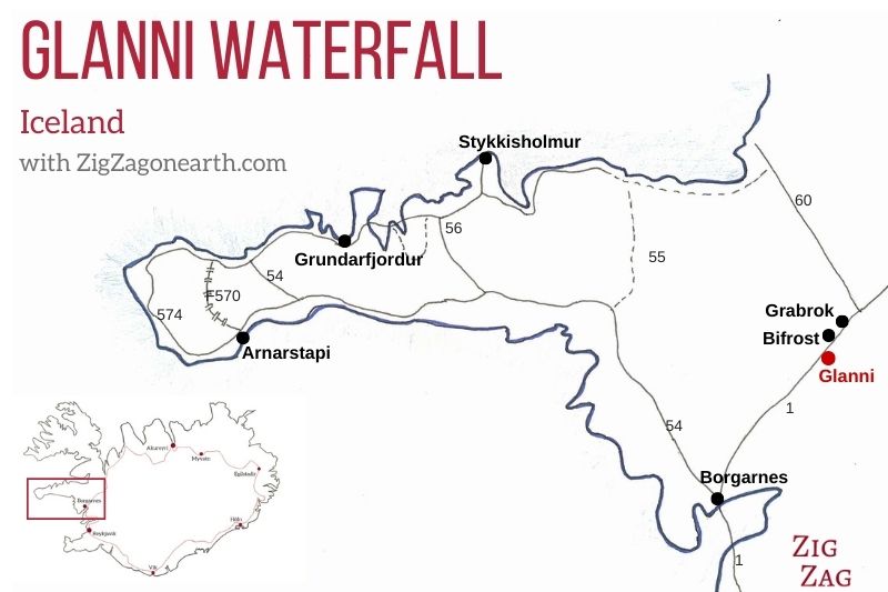 Kaart - Glanni waterval locatie in IJsland