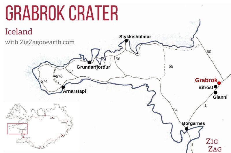 Mapa - Localização da cratera Grabrok na Islândia