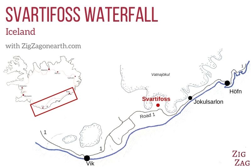 Map Svartifoss waterfall in Iceland