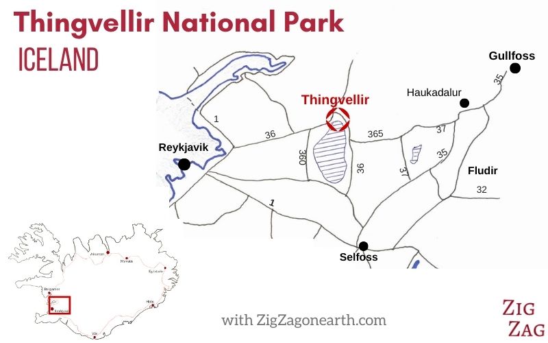 Kaart van Thingvellir Nationaal Park locatie in IJsland