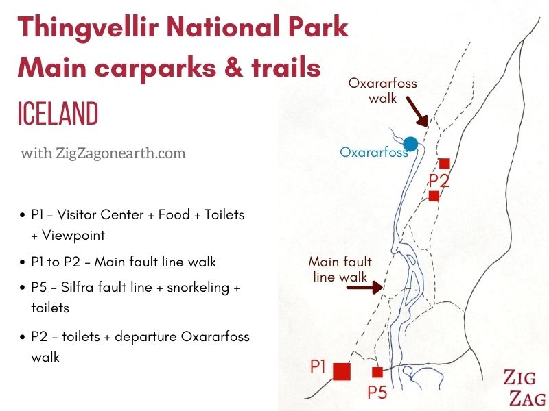 Parque Nacional Thingvellir - parque de estacionamento e trilhos (incluindo Oxararfoss) - Mapa