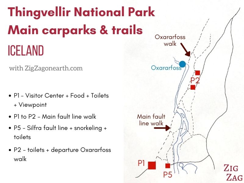 Thingvellir National Park - carpark and trails (including Oxararfoss) - Map