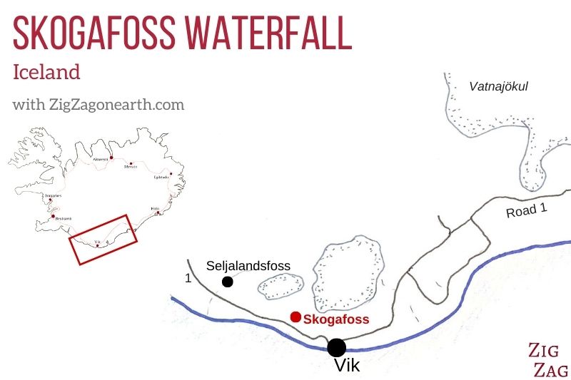 Vandfaldet Skogafoss Island Kort