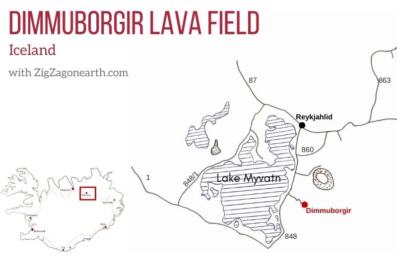 Lava field Dimmuborgir in Iceland - Map