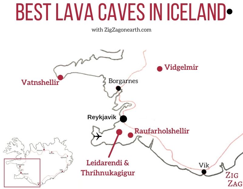 De bedste lavahuler i Island - kort