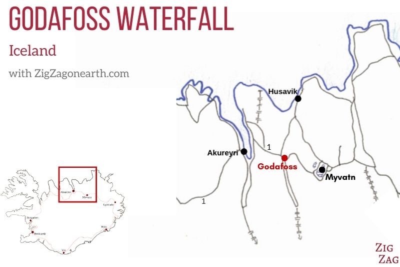 Kaart - Godafoss waterval in IJsland