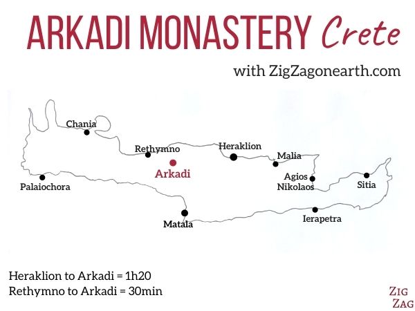 Läge för Arkadi-klostret på Kreta - Karta