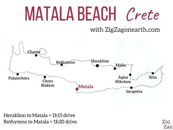 Läge för Matala strand på Kreta - Karta