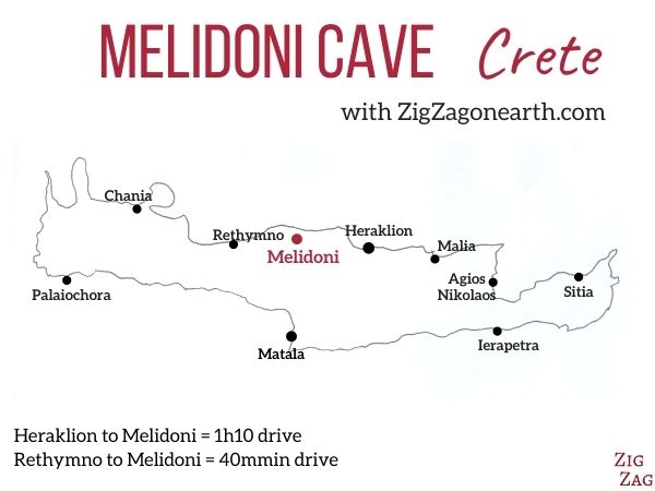 Beliggenhed Melidoni-grotten på Kreta - kort