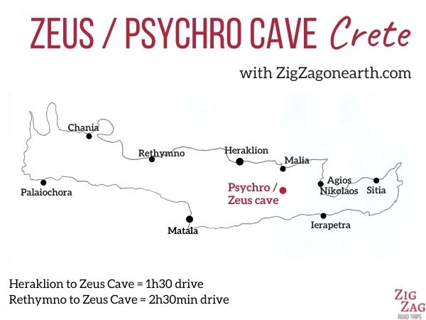 Läge för Zeus / Psychro grotta på Kreta - karta