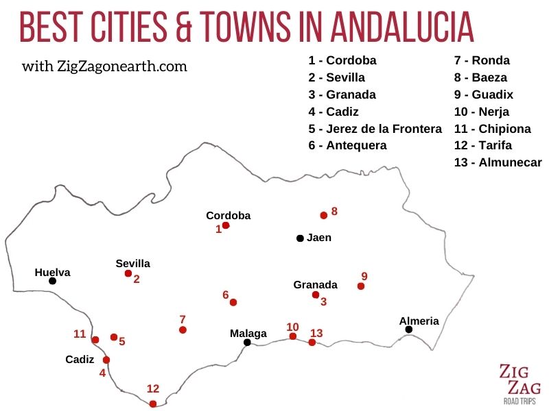 Best cities and towns in Andalucia - Map