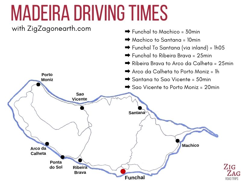Kort over køretider på Madeira