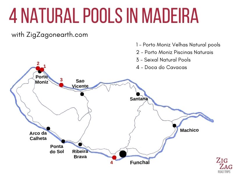Kort over Madeiras bedste naturlige bassiner