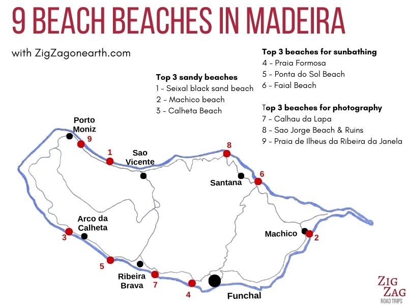 As melhores praias da Ilha da Madeira - Mapa