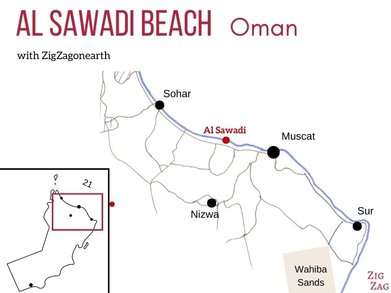 Kaart Al Sawadi strand in Oman - ligging