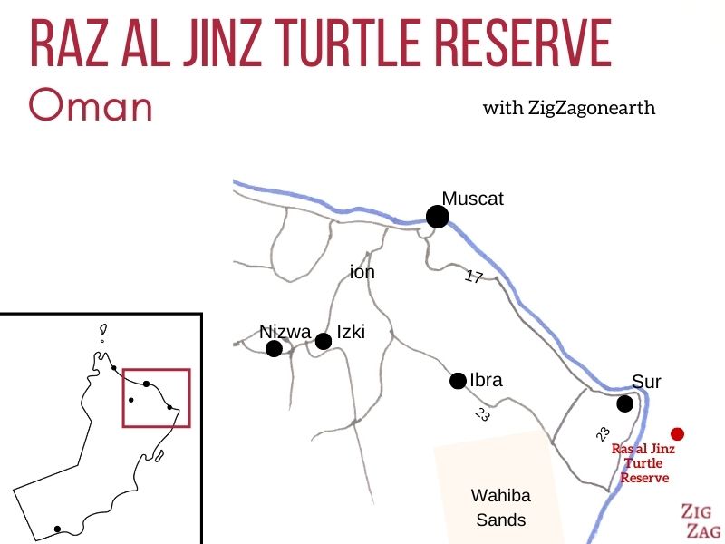 Mapa de localização - Reserva da praia das tartarugas Raz Al Jinz em Omã