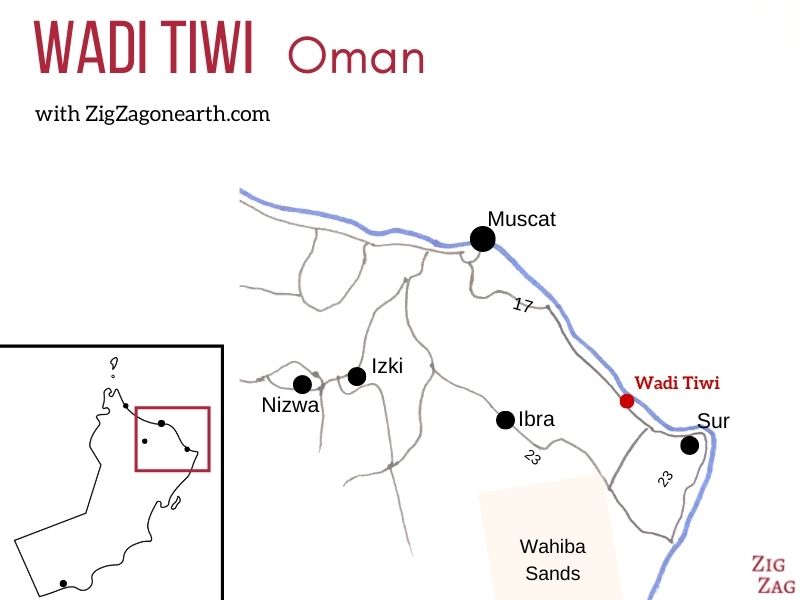 Mapa de Wadi Tiwi em Omã - localização