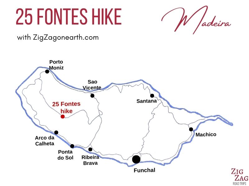Kaart 25 Fontes wandeling in Madeira - ligging