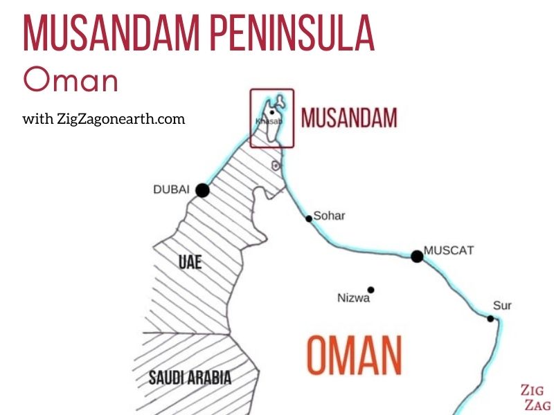 Mapa da Península de Musandam, Omã Localização