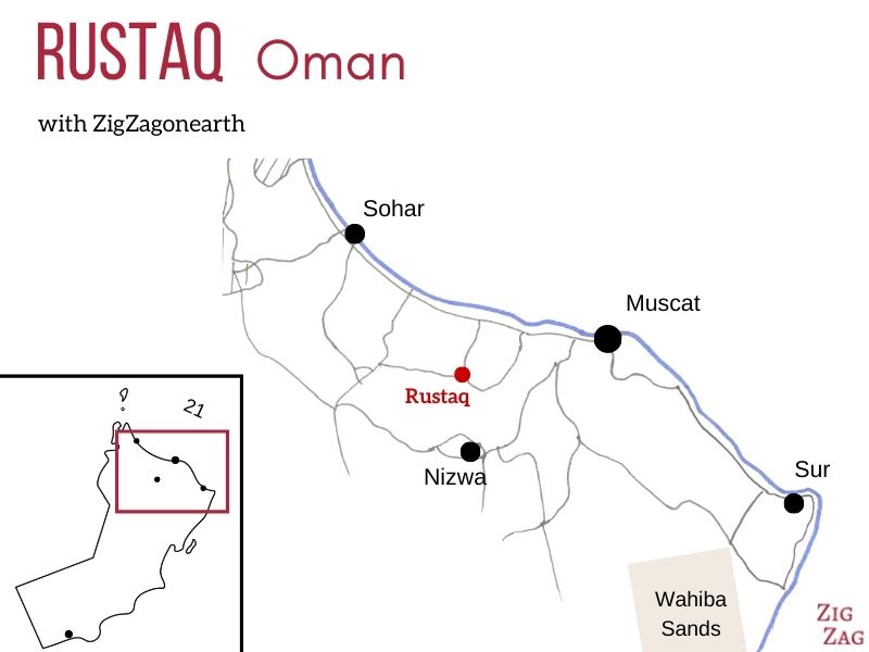 Kaart Rustaq in Oman - Locatie