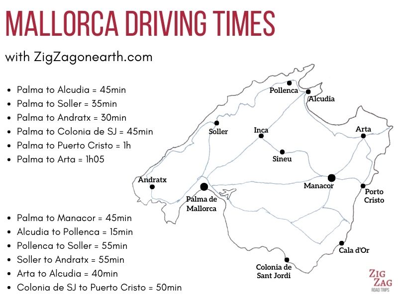 Køretider på Mallorca - kort