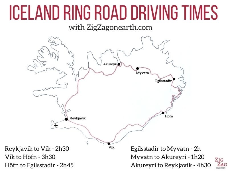 Kort over Islands ringvej - køretider (sommer)