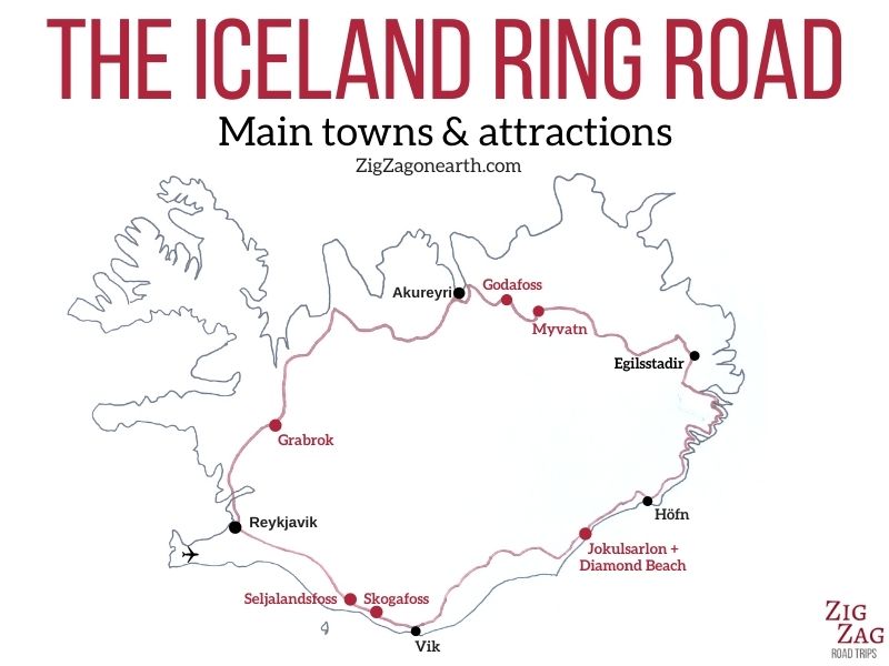 IJsland Ringweg Kaart met belangrijkste steden en attracties