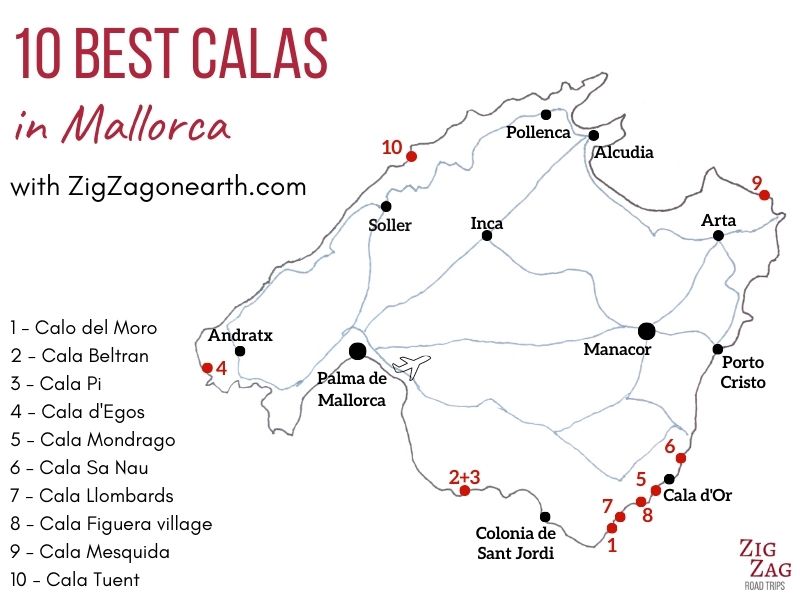 Most beautiful calas in Mallorca - Map