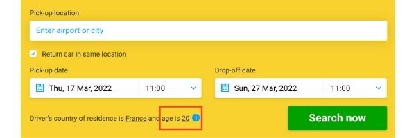 Driver's age option on Discovercars.com