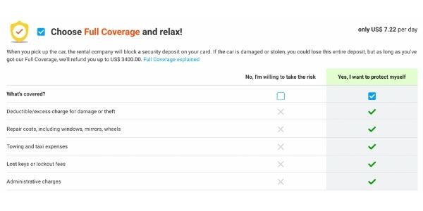 Example of Coverage Insurance on Discovercars.com 