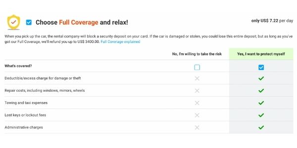 Example of Coverage Insurance on Discovercars.com 