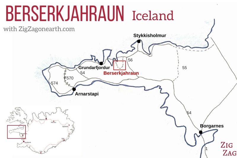 Lavaveld Berserkjahraun in IJsland - Kaart