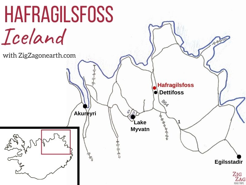 Map Waterfall Hafragilsfoss Iceland Jokulsargljufur canyon